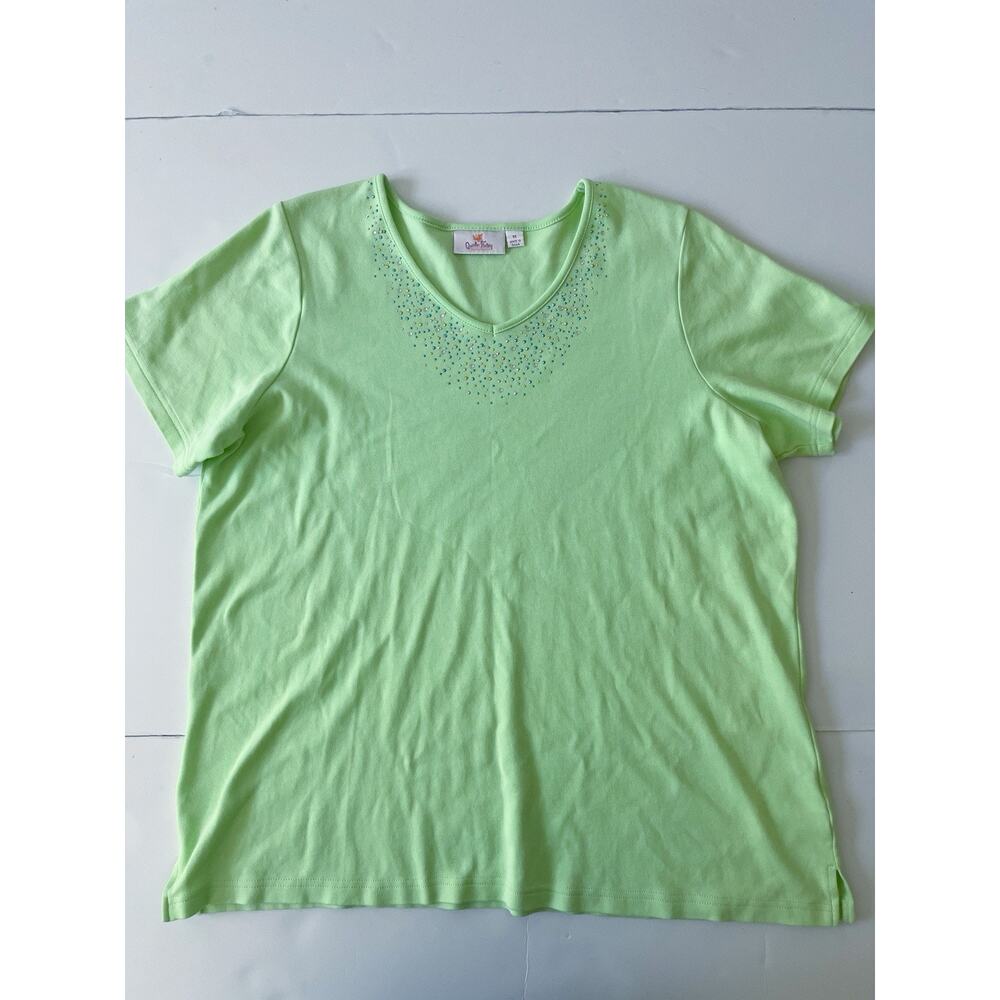 Quacker Factory T-Shirt Women 1X Lime Green Rhinestone Short Sleeve Stretch